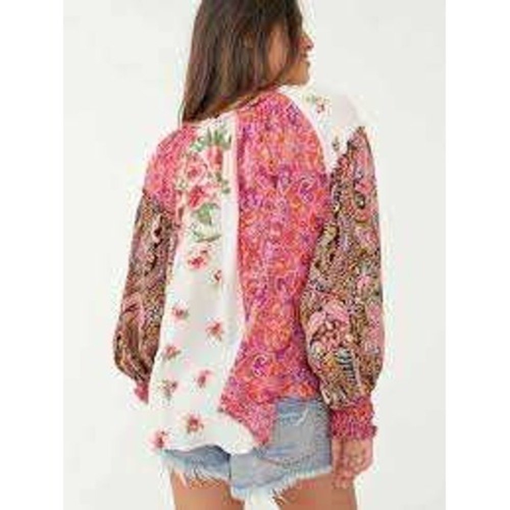 Free People Gemini Blouse in Pink Floral V Neck Buttondown Ruched Cuffs Size XS - Picture 2 of 11